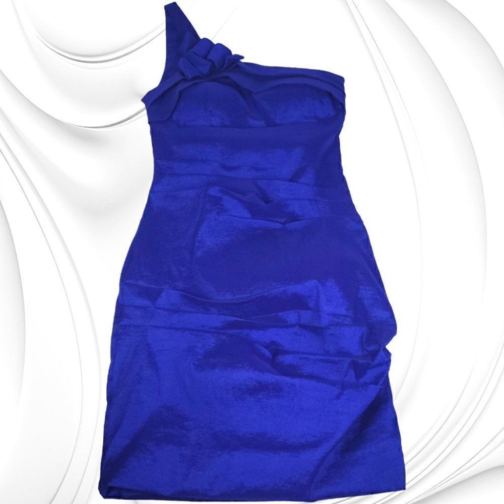 Togue royal blue satiny one shoulder ruched cocktail dress